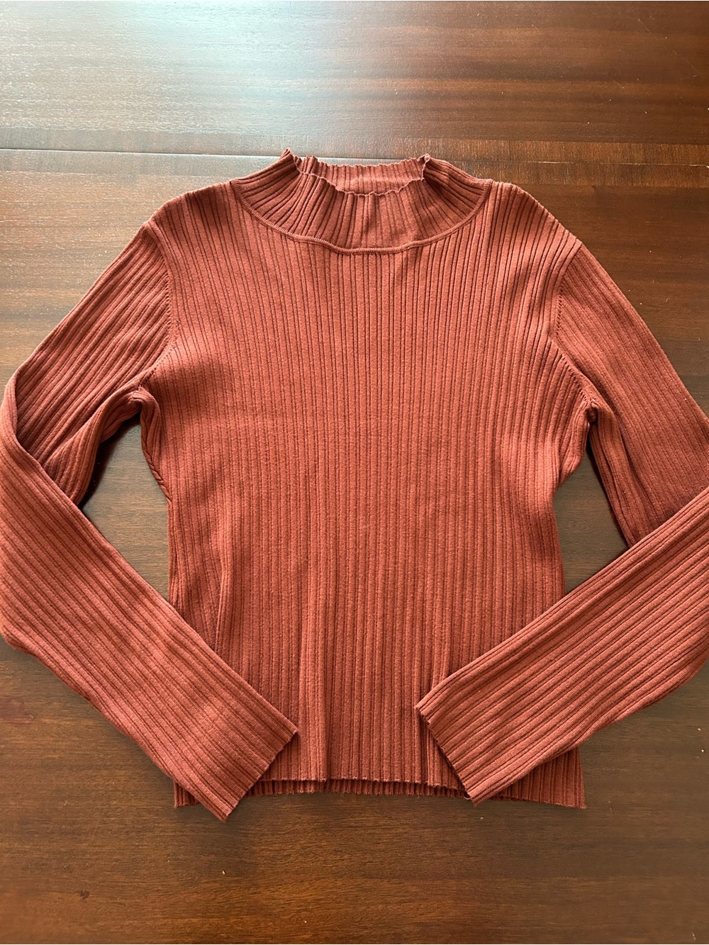 Marled Reunited Ribbed Long-Sleeve Mock Neck Top - Rust - Picture 1 of 5